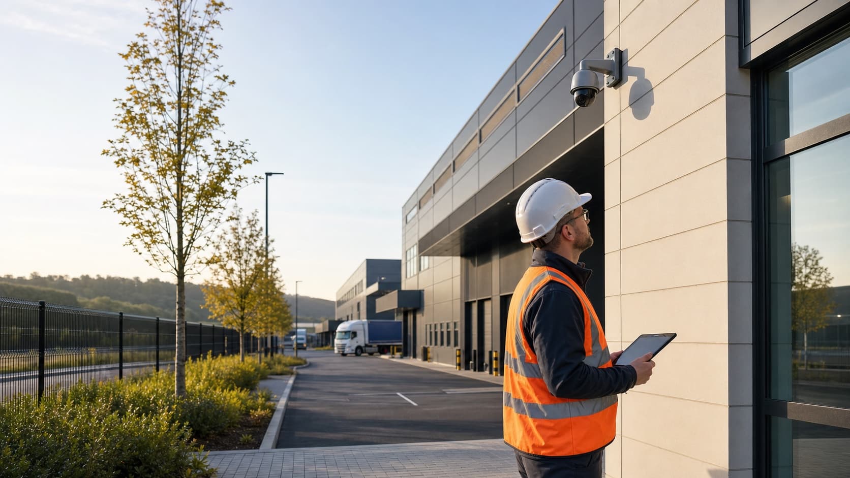 Security consultant inspecting a professionally mounted camera at a UK commercial site