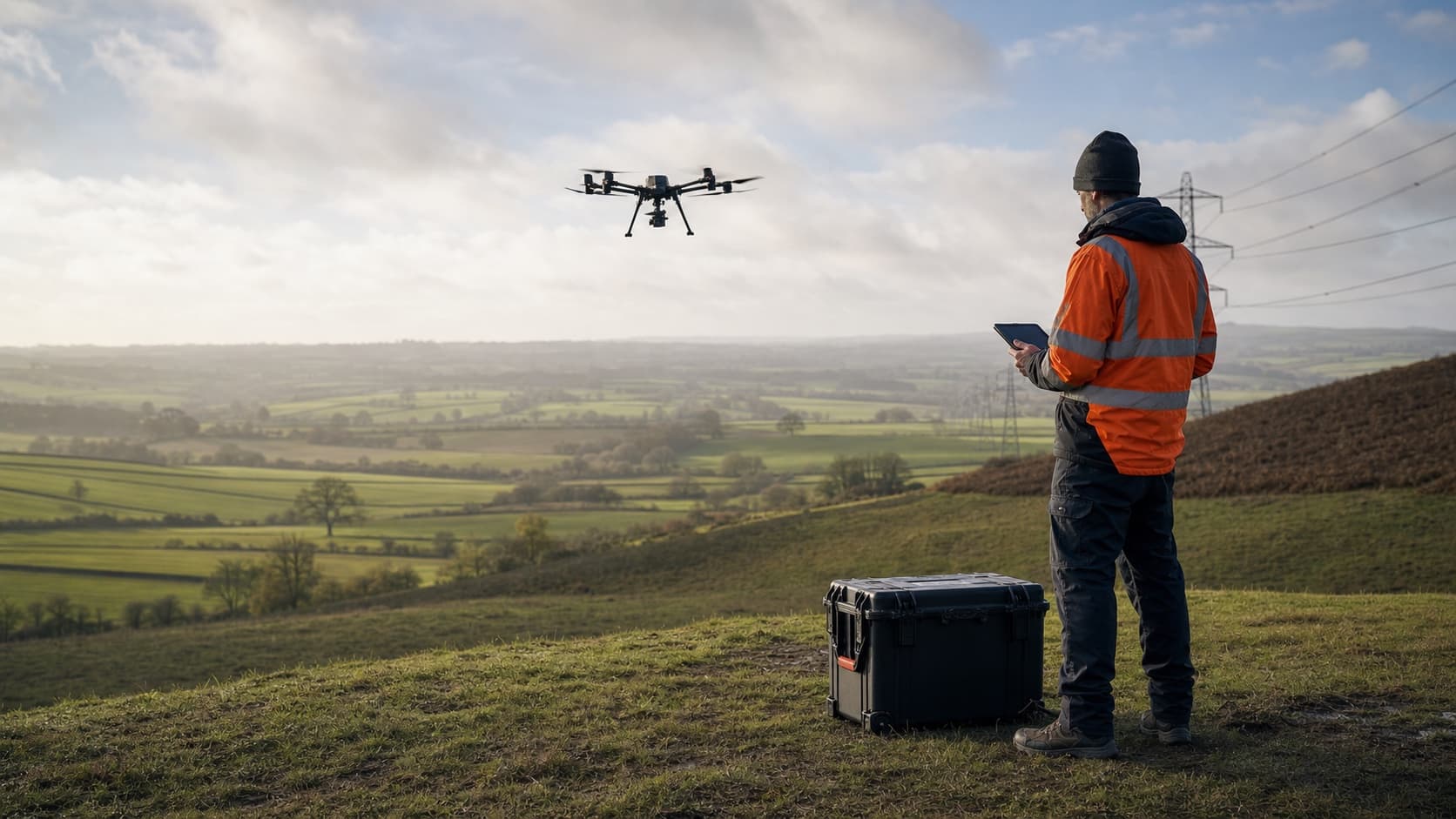 Professional drone pilot conducting a commercial survey over hilly UK terrain