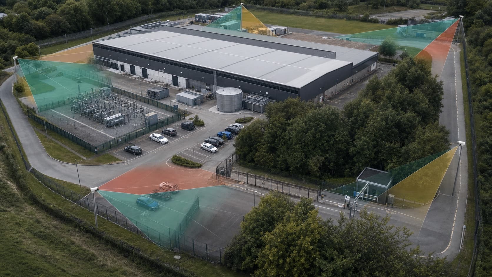 Oblique aerial view of a secured commercial site with professional camera coverage volumes clipped by buildings and trees